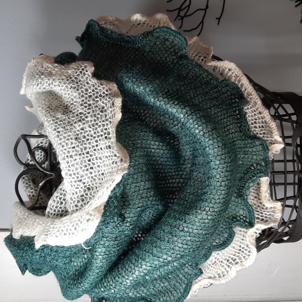 Cowl Scarf Two Tone Teal Cream Warm Cozy Woven Soft Acrylic Washable Beautiful